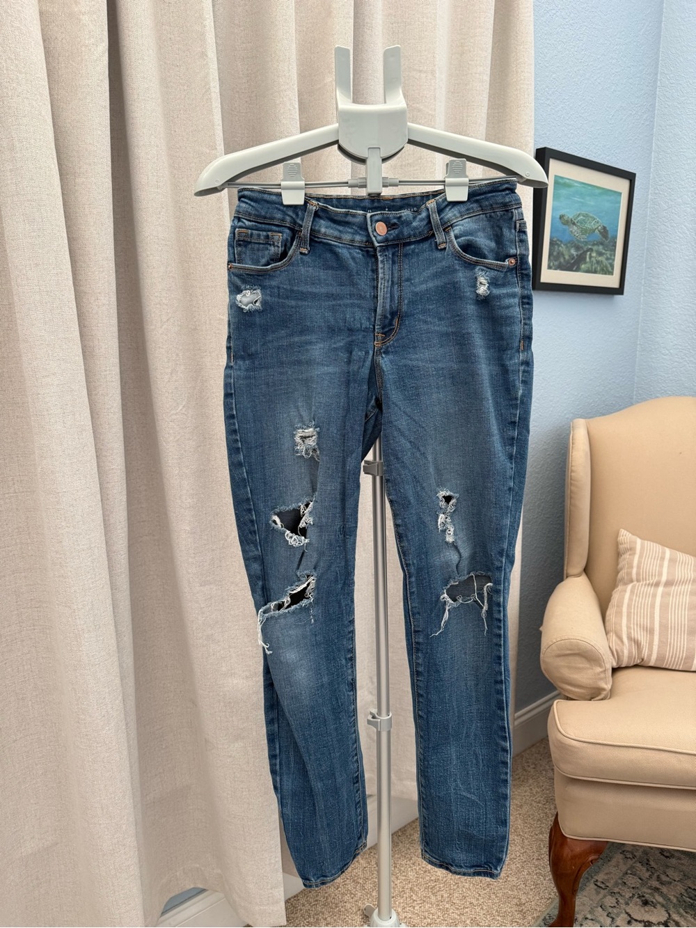Y2K Emo Preppy Hipster Rockstar Distressed Skinny Stretch Blue Jeans Size 8